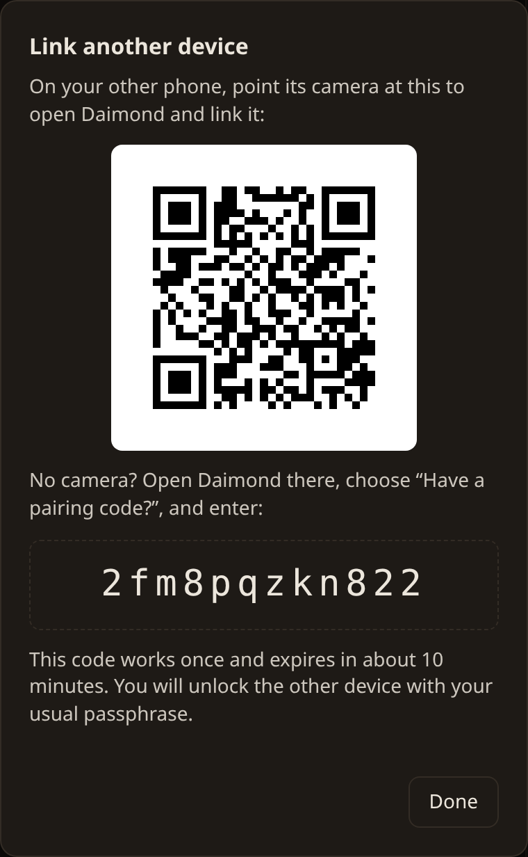 The Link another device dialog, showing a QR code and a one-time pairing code that expires in about ten minutes.
