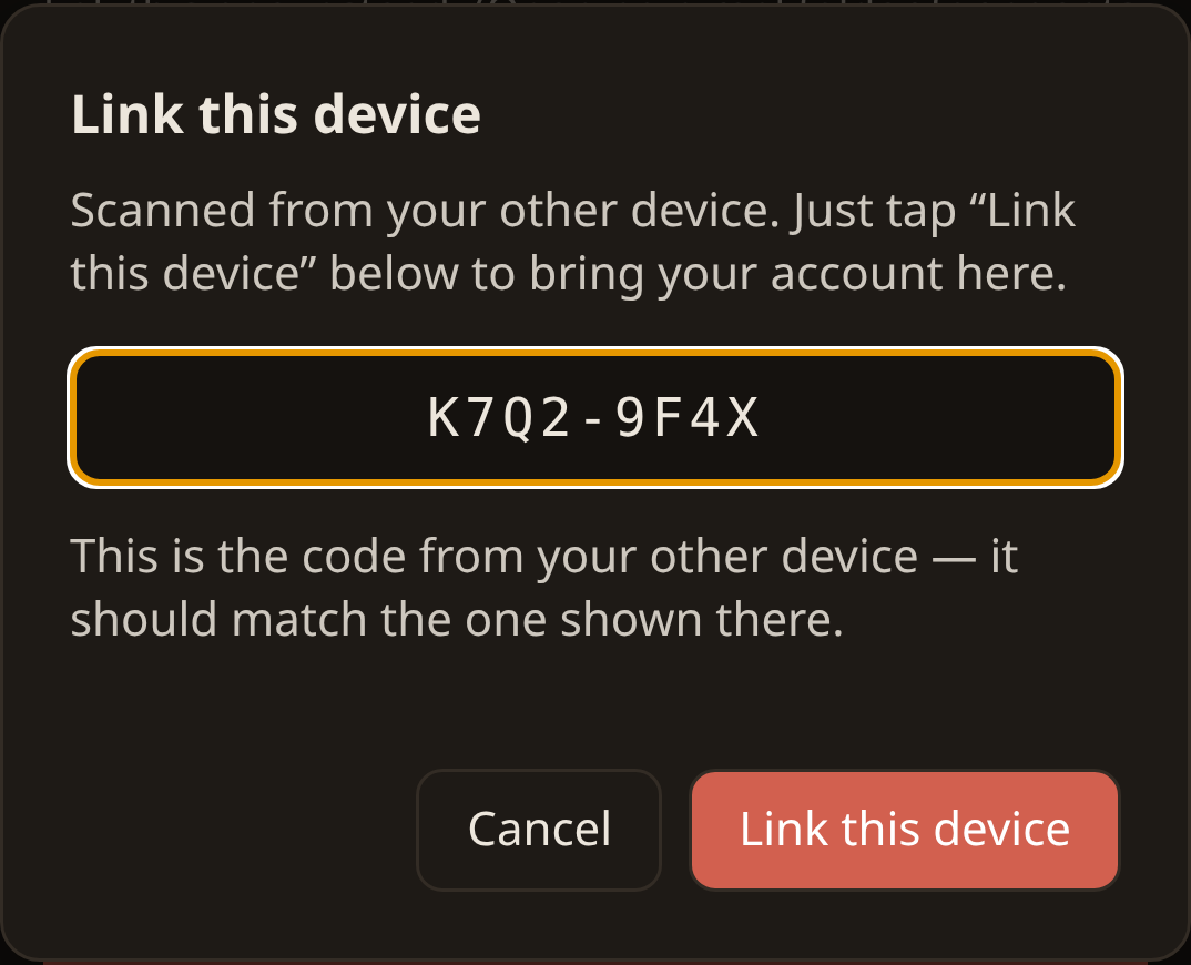 The Link this device dialog on a phone after scanning, with the pairing code already filled in and a Link this device button.