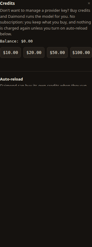 The Credits view: the current balance, a row of credit packs to buy, and the auto-reload settings below.