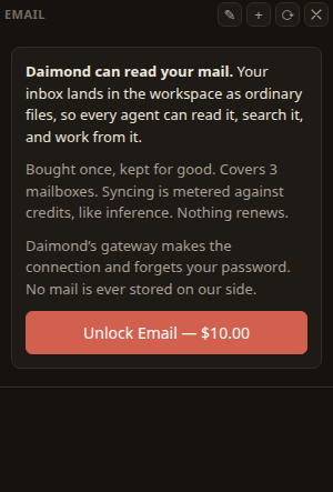The Email panel: the mailboxes at the top and a list of messages below, with buttons to write, add a mailbox and sync.