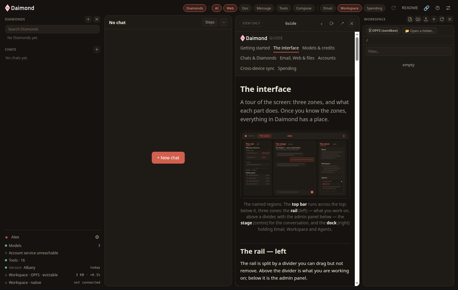 The Daimond workspace on first run: the Diamonds and Chats rail on the left, the chat panel in the centre, and the admin panel at the bottom-left.