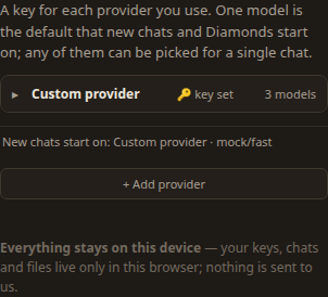 The Add provider form: a provider drop-down, an API key box, and a default model drop-down, with a Save and start button.