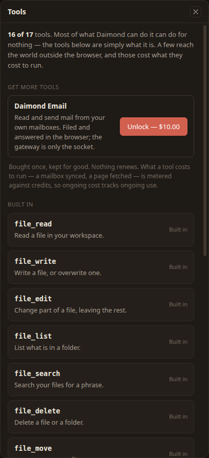 The Tools panel listing the built-in tools the agent can use and the unlockable tools with their prices.