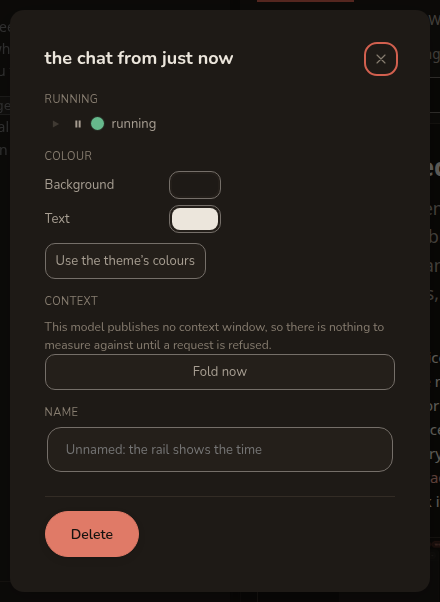 A card centred over the app, with a title, a closer beside it, several labelled settings, and a Delete button at the foot.