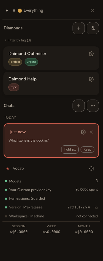 A phone screen with the rail slid in from the left over a dimmed app, holding the Diamonds, the chats and the admin panel.