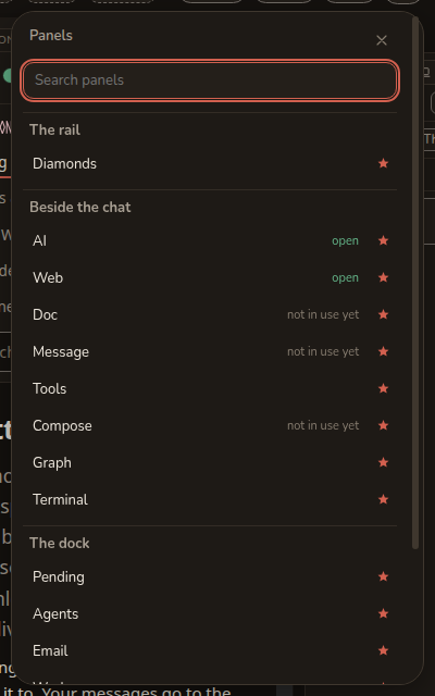 A tall card titled Panels, with a search box and every panel listed in three groups, each row carrying a star.
