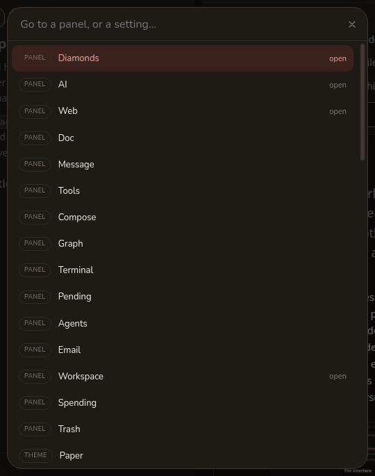 A large box over the app with a search field and a list of results, each tagged with what kind of thing it is.
