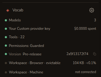 The admin panel: a name at the top with a cog, then a stack of single lines each with a coloured dot, a label and a value.