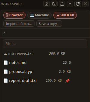 The Workspace panel: three chips reading Browser, Machine and Cloud, buttons to import a folder or save a copy, and a file tree in which one file is marked as being in cloud storage and another is pinned.